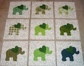 9 Baby Green Elephant with Heart Quilt  Blocks