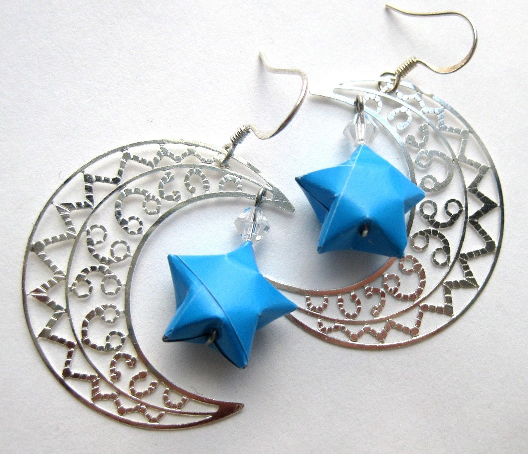 Blue Moon Paper Star Earrings - Origami Jewelry