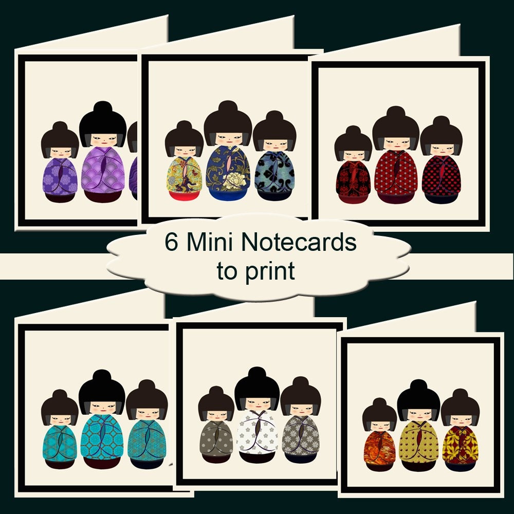 Digital Notecard Set 2  KOKESHI DOLLS  6 notecards to print yourself 2.5 inches square