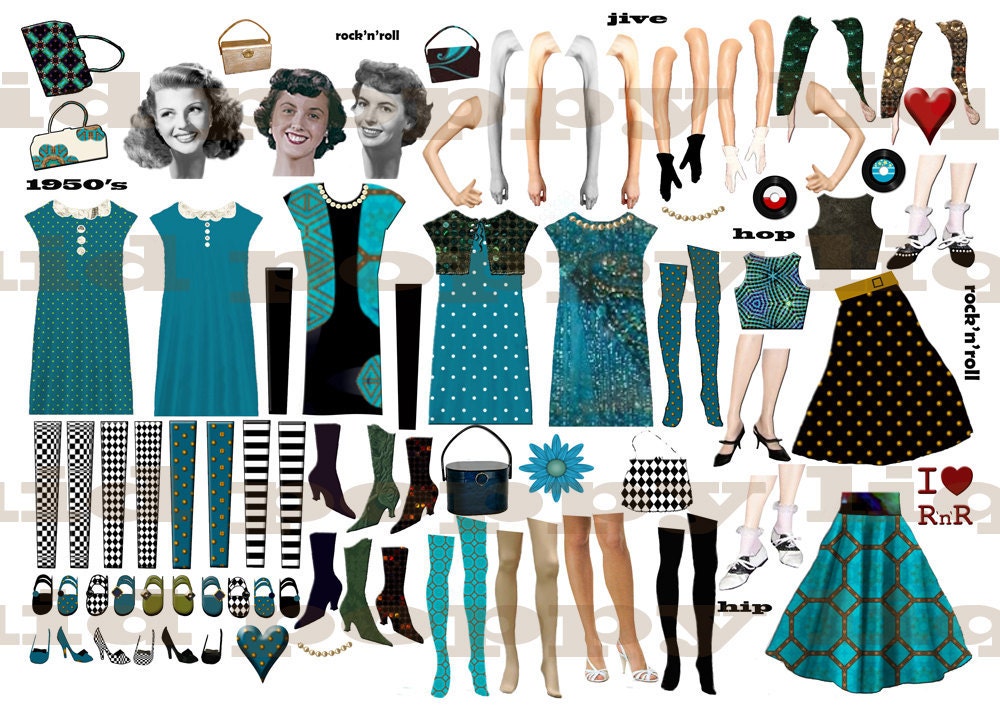 Paper Doll Digital Collage Sheet 193   Retro 1950s Clothing and Accessories  Blue Dresses
