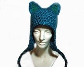 Teal Fox Ears EarFlap Hat Adult Size
