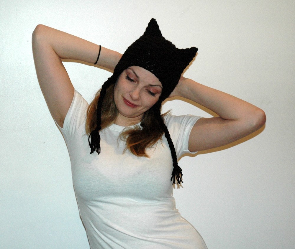 Black Cute Kitten Ear- Ear Flap Hat