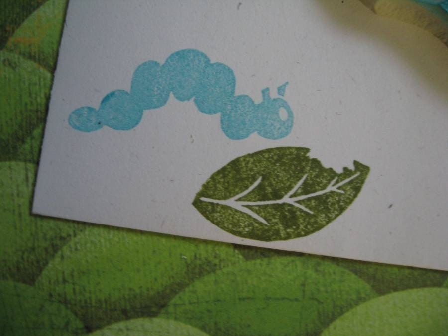 Hand Carved Caterpillar and Leaf Stamp Set