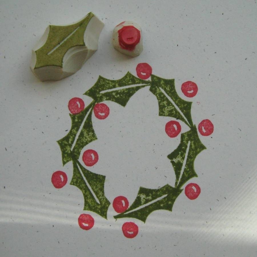 Holly Leaf and Berry rubber Stamp Set Hand Carved