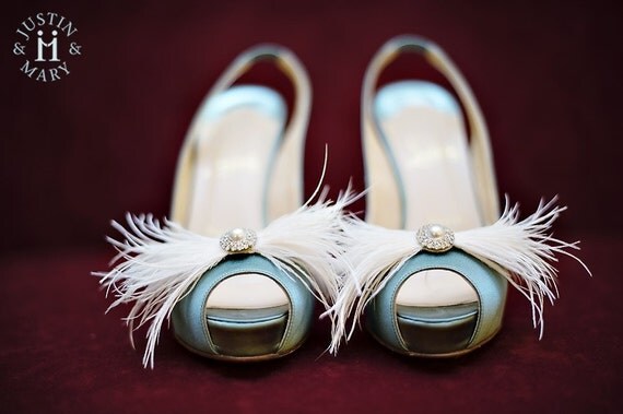 Featured in Martha Stewart Weddings-Feathers&Frills "Bow" rhinestone/pearl and ostrich feather Shoe Adornments- custom made to order