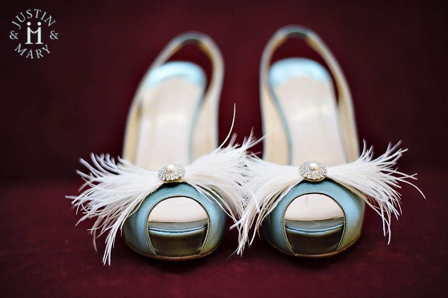 Featured in Martha Stewart Weddings-Feathers&Frills "Bow" rhinestone/pearl and ostrich feather Shoe Adornments- custom made to order