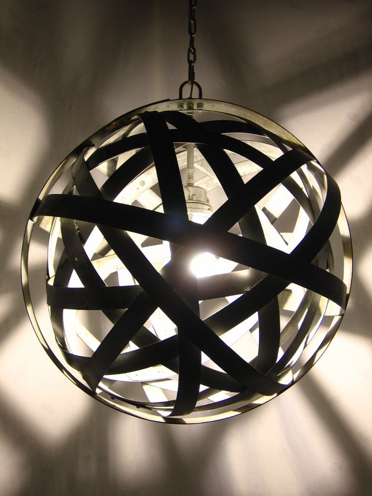 Orbits, urban chandelier, recycled wine barrel metal hoops, galvanized steel bands, ceiling light fixture
