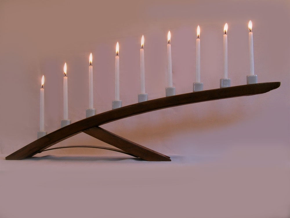 Green Ludwig, Eco friendly Menorah, recycled oak wine barrel stave candleholder, Nine white porcelain holders