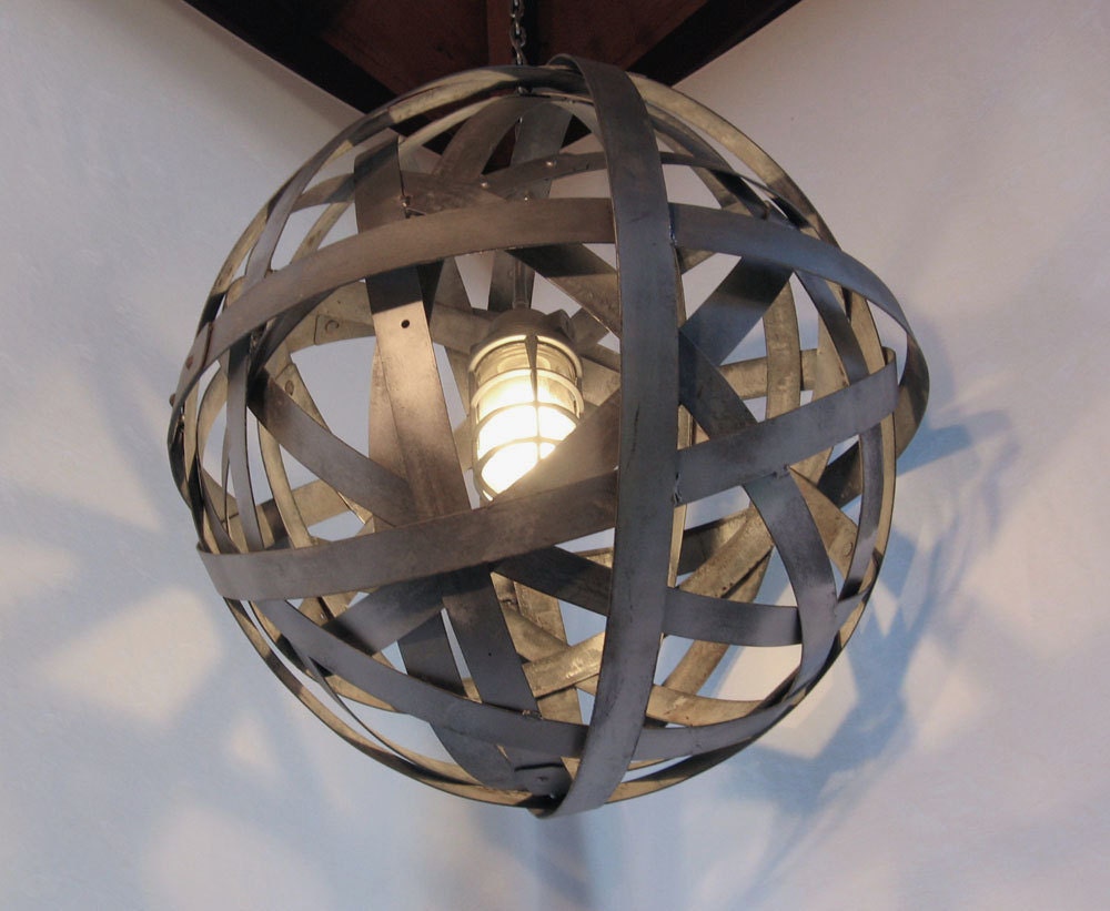 Orbits, urban chandelier, recycled wine barrel metal hoops, galvanized steel bands, ceiling light fixture