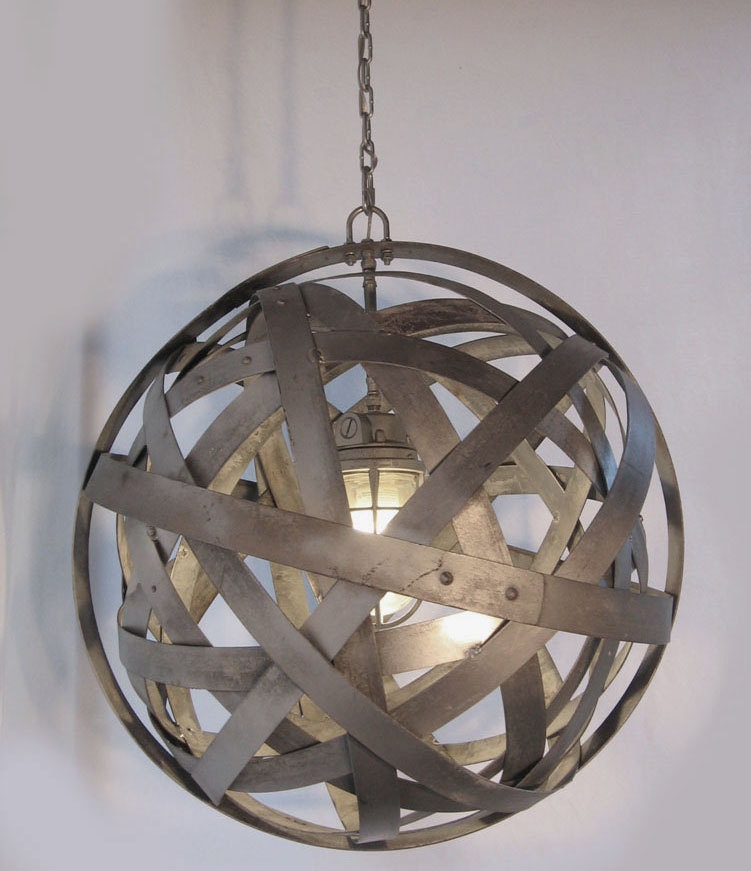 Orbits, urban chandelier, recycled wine barrel metal hoops, galvanized steel bands, ceiling light fixture