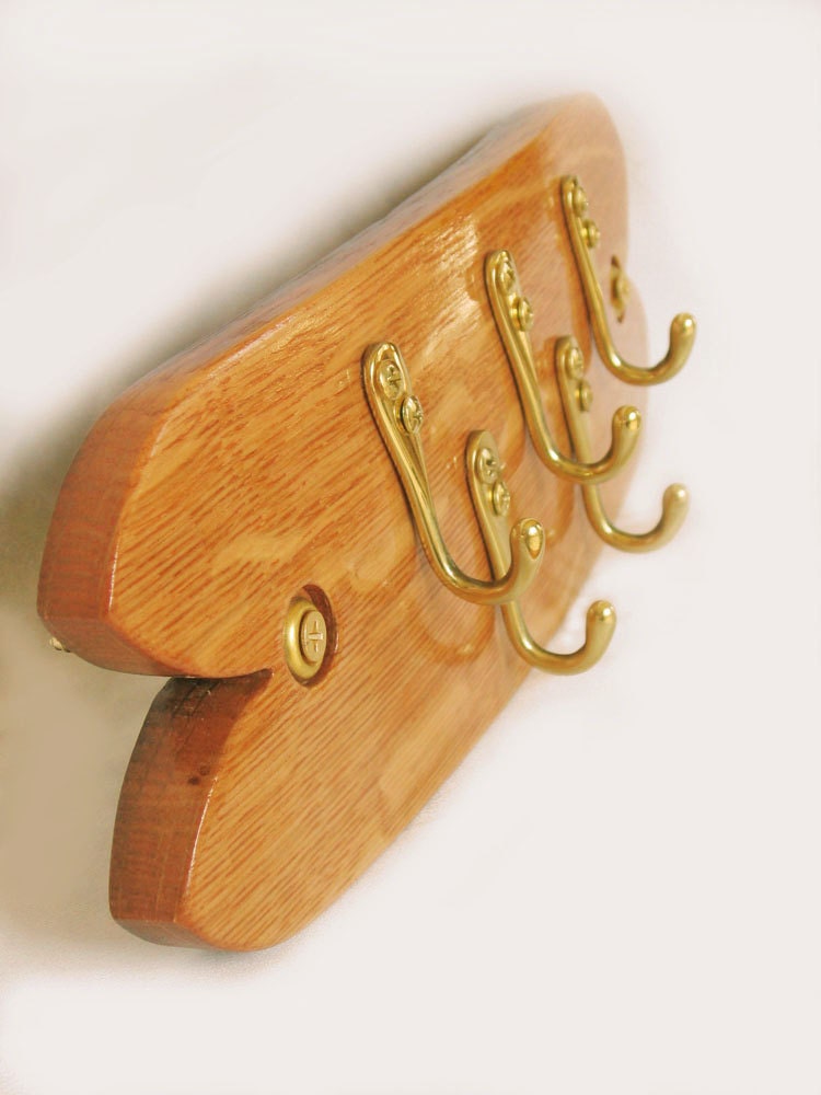 Junior, Finest recycled oak wine barrel stave rack, 5 brass key hooks, elegantly recycled wood