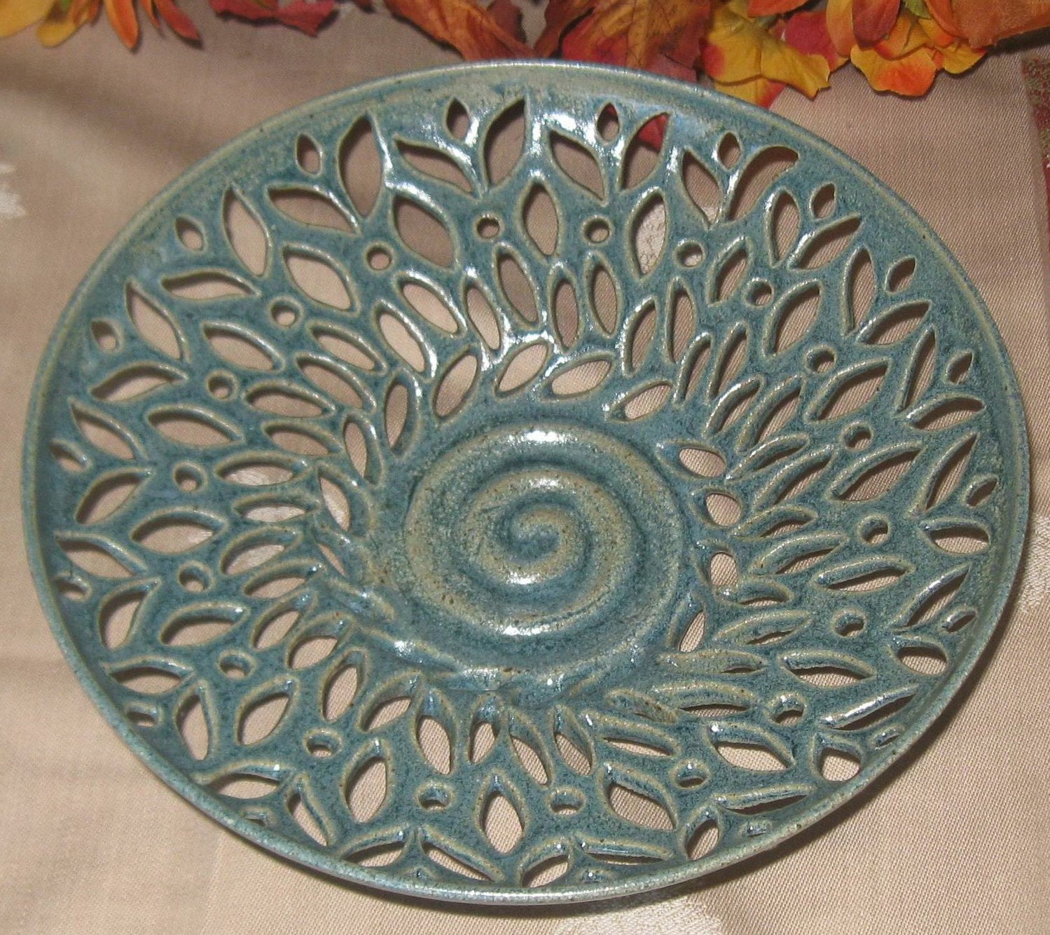 Hand Carved Leafy Bowl in Antique Blue - Ring Holder - Handmade Pottery by The Wheel and I