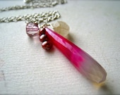 hot, hot, hot necklace - neon pink wire wrapped cluster necklace, sterling silver, striped, rutilated quartz, neon, handmade jewelry