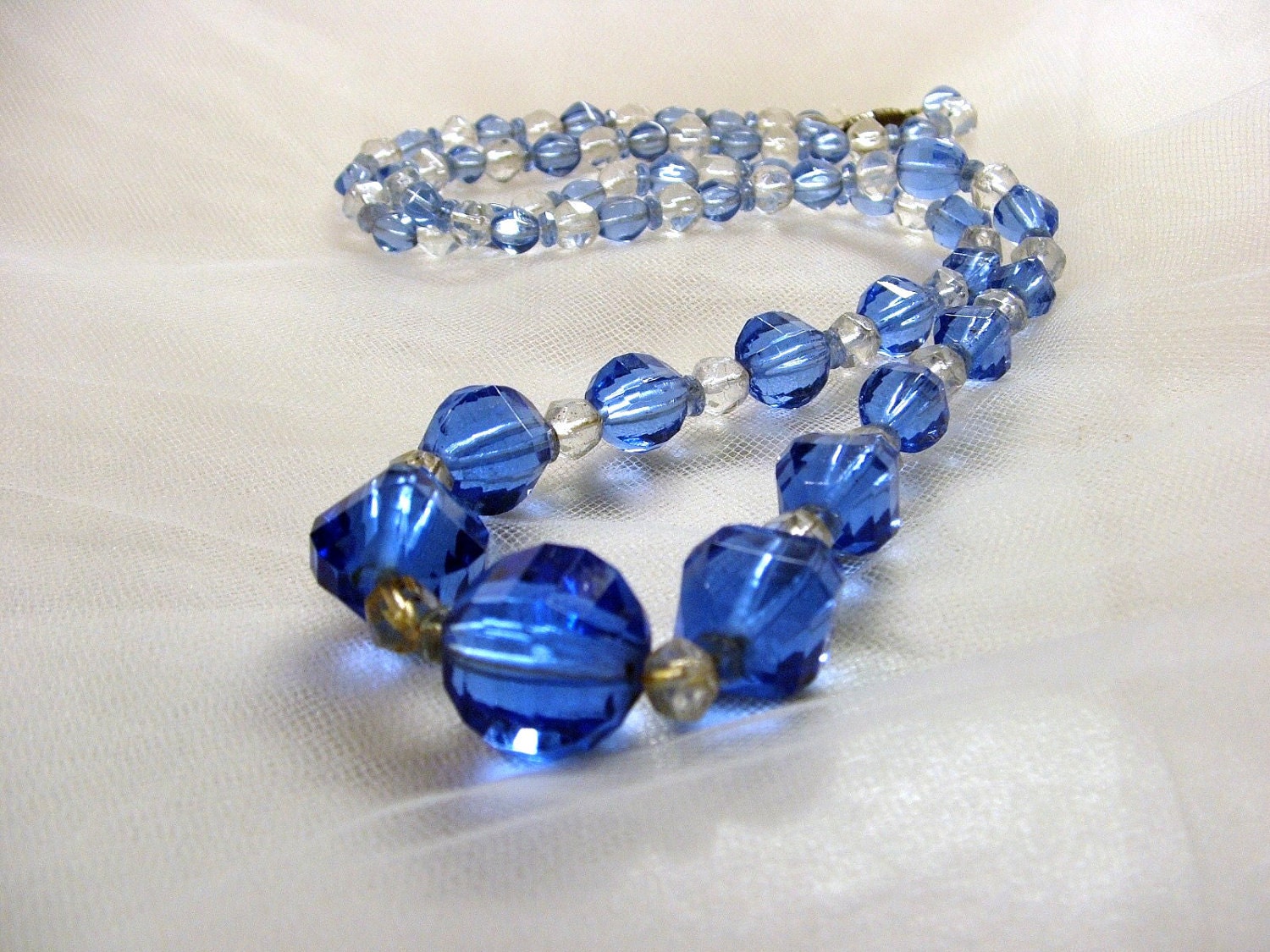 1930s Crystal Necklace Graduated Sky Blue Multi Faceted Beads