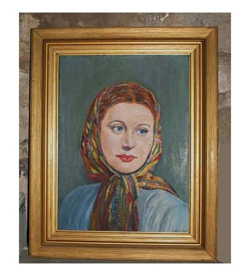 Young Queen Elizabeth in Head Scarf / 1940s Oil Painting / Signed / Framed