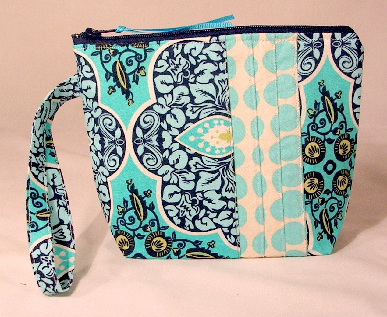 Cosmetic Bag Wristlet / Zippered Pouch/ Makeup Wallet Pressed Flowers Turquoise and Turquoise dots  Amy Butler Fabrics