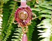 Necklace in Raspberry and Creamy Canteloupe Parfait bead embroidered pendant on pink cable wire