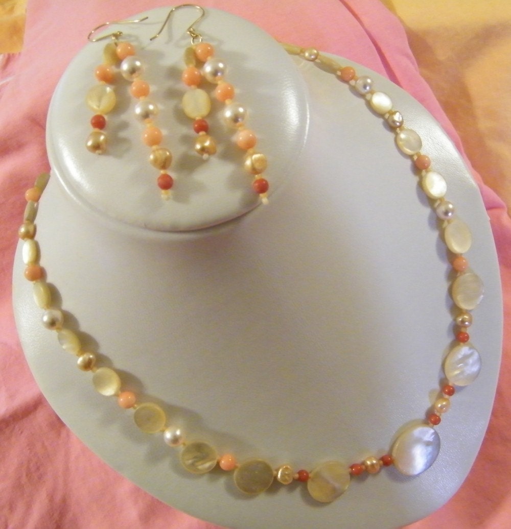 Pure Lunacy Pearls, Coral, MOP Necklace and Earring Set