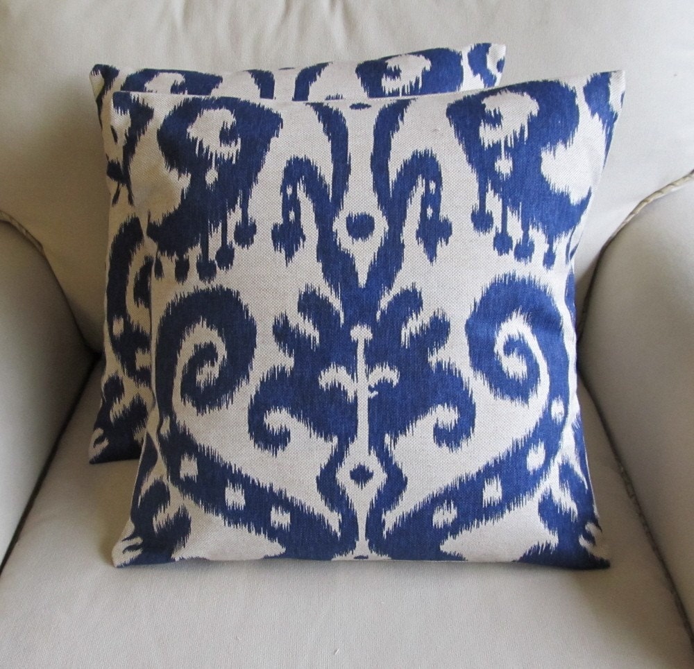 Ikat Indigo Blue Pair of Pillow Covers 18x18  WITH INSERTS