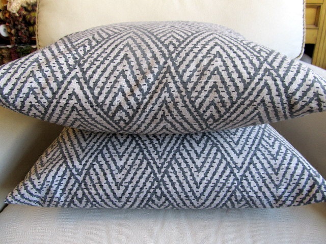 Ikat SAPPHIRE  on GRAY  pillow coverS 20x20 same fabric front and back--Pair
