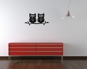 Two owls on a branch vinyl wall decal (small)