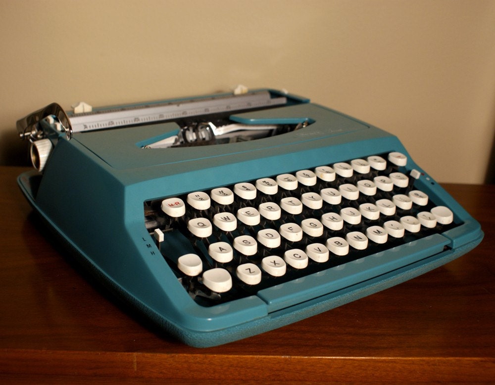 Vintage Blue Typewriter with Original Matching Shell Carrying Case 1960s