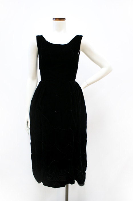Vintage 1950s Black Velvet Quilted Dress