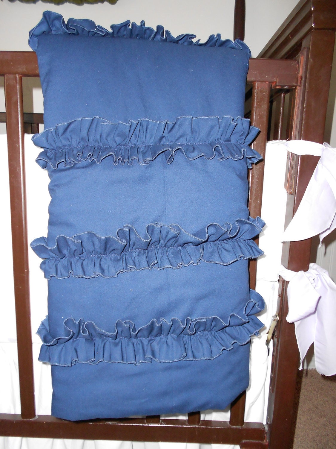 Store Closing Sale Crib Quilt with Large Ruffles in Navy Blue Ready to Ship