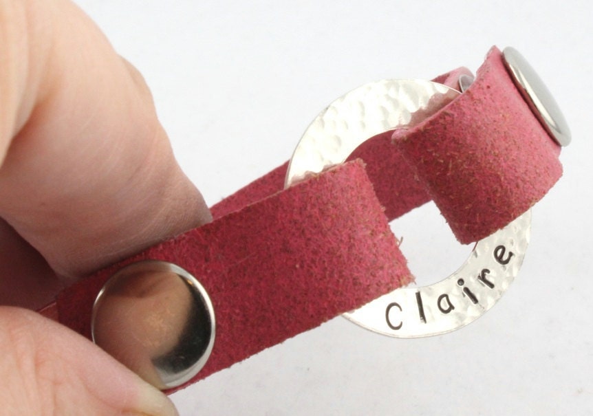 Leather Snap Bracelet Silver Washer Custom Personalized Hand Stamped