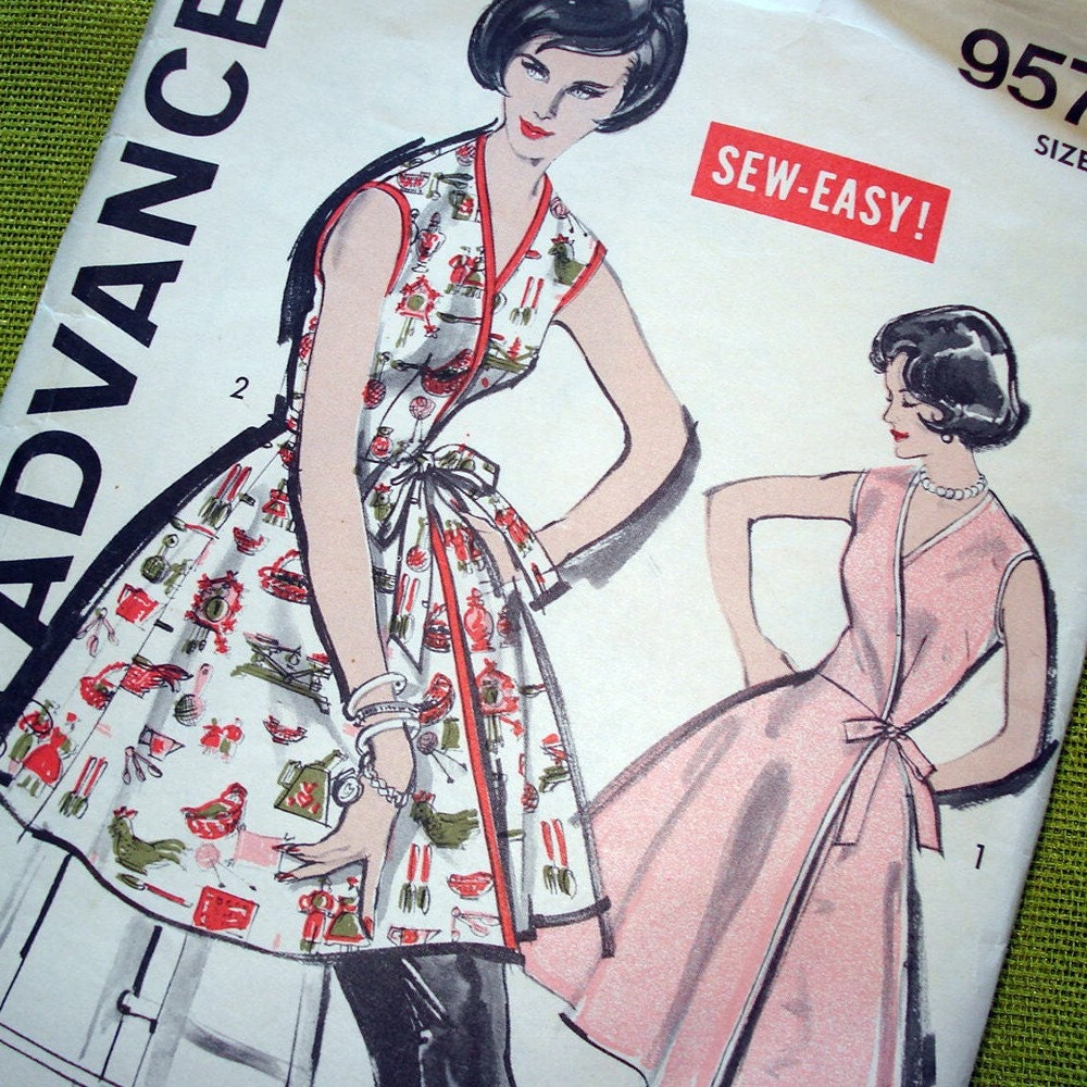 1960 Vintage Sewing Pattern - Advance 9575 - Wrap APRON or Front Wrap Dress / Size 16