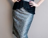 Penci Skirt in Silver w High Waist & Black Organza Peplum, Vintage style, Fully Lined, Knee Length, Fitted Body