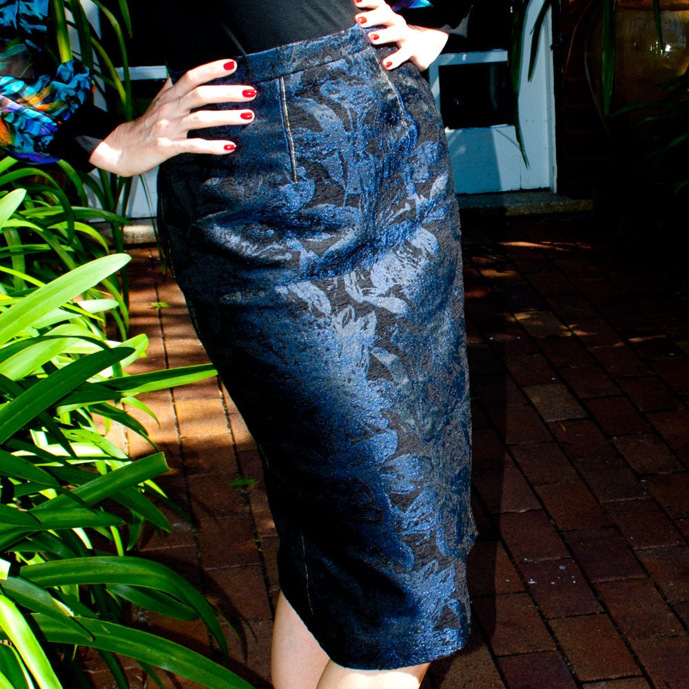 Pencil Skirt in Navy Blue Floral, High Waist, Fully Lined, Knee Length, Gold Top-Stitching, Split at Back, Made in Australia