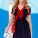 Red Navy Dress w Large Bow at V-neck, Jersey Knit Dress, Knee Length, Short Sleeved, Large Red Bow at Bust, Nautical.