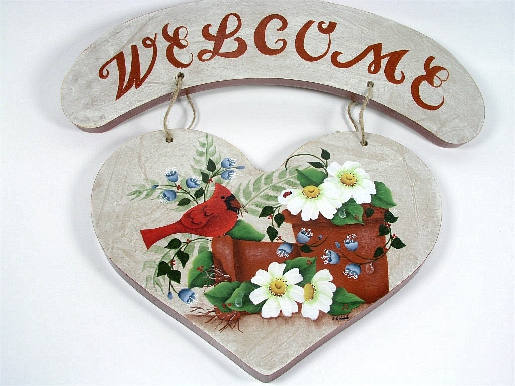 Beautiful Cardinal and Terra Cotta Pots Hand Painted Heart Welcome Sign
