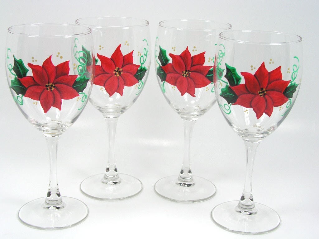 Beautiful Red Poinsettia Hand Painted Christmas Wine Glasses