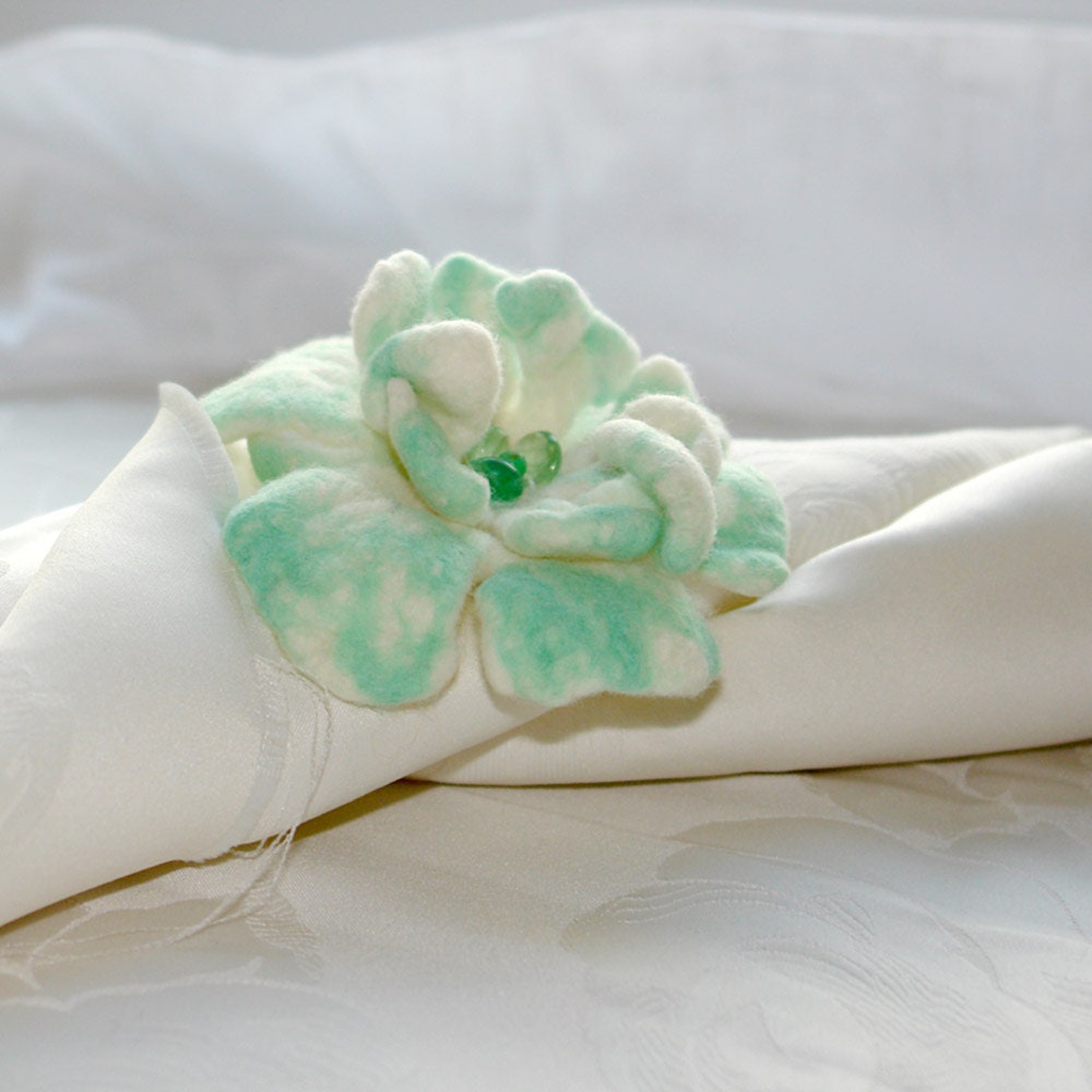 Felted Flower Brooch - Felt white and mint pin- Special occasion- corsage flower- Best wishes from Europe
