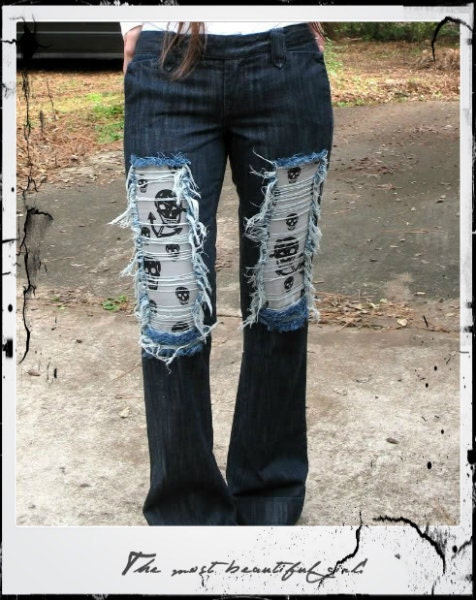 Size 29 US-6 Destroyed Swarovski Crystal Jeans patched with alexander mcqueen Skull scarf