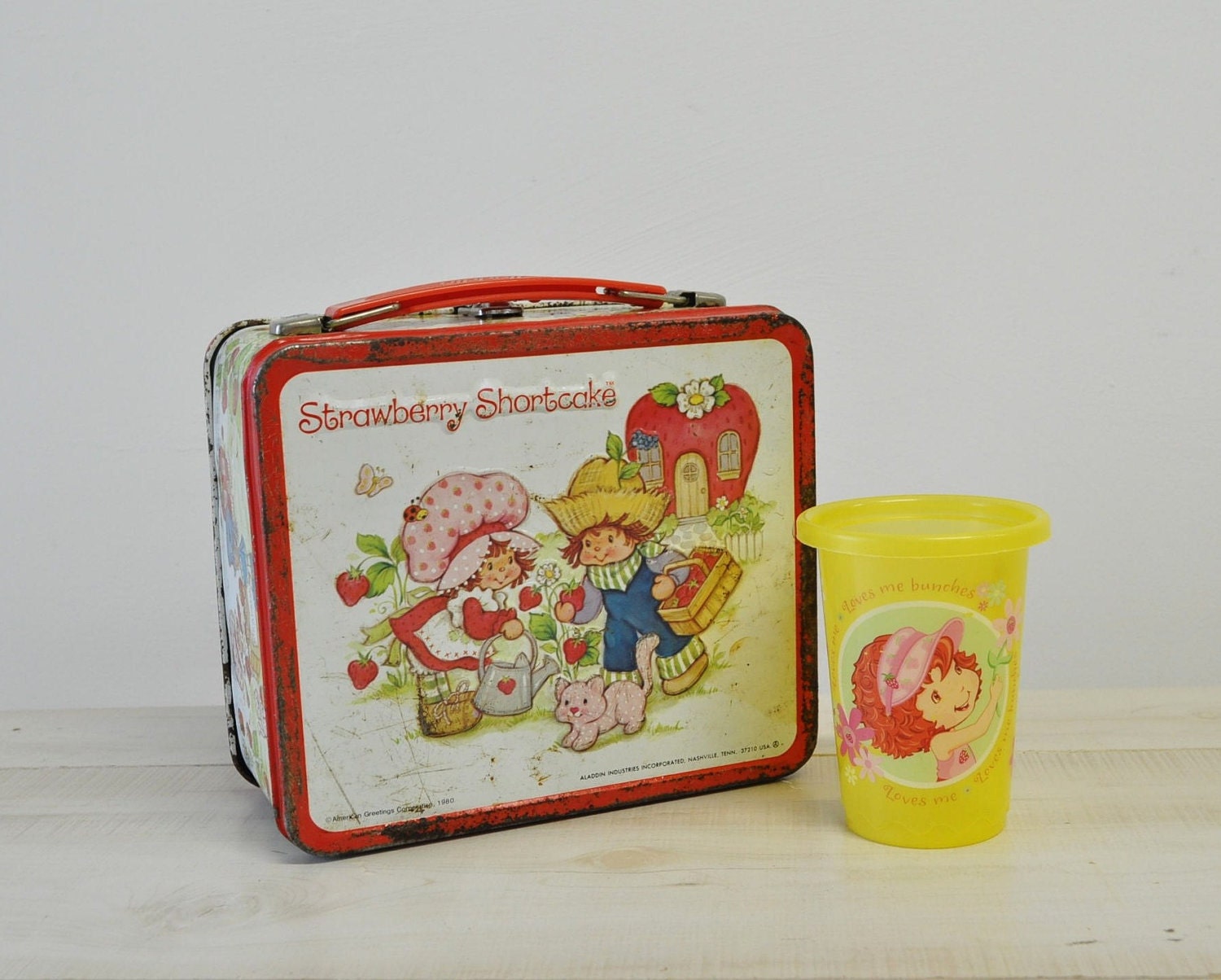Vintage 1980 Strawberry Shortcake Lunchbox and plastic cup--collectible