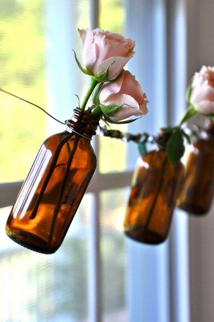 Beaded bottle vase garland, five bottle garland in cobalt or amber glass