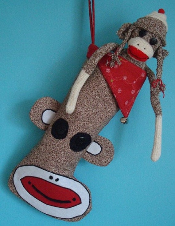SOCK MONKEY CHRISTMAS STOCKING WITH FREE PERSONALIZED TAG