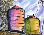 Art Painting Watercolor NYC  Urban City Rooftop  Water Towers  Print