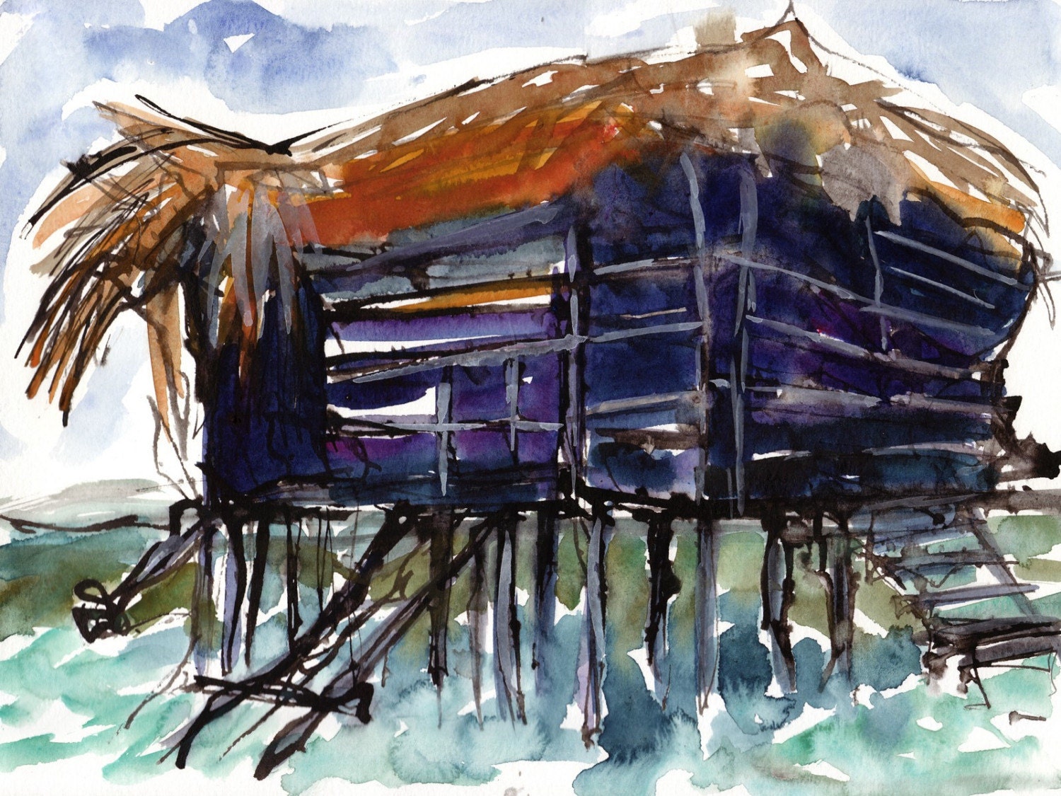 Art Watercolor Painting Tropical Bar on Stilts Caribbean Sea Jamaica