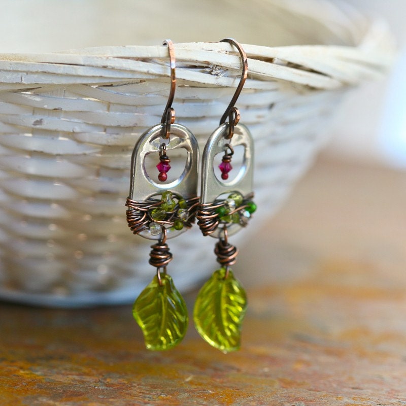 Upcycled Recycled Leaf - Copper and Soda Can Tab Earrings - SALE 15% Off