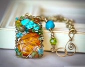 Amber and Turquoise Free Form Rectangle Chain Maille Brass Wire Wrapped Pendant - SALE 15% Off