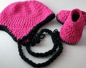 Earflap Beanie AND Bus Stop Booties hat cap bright pink black matching set crochet twist fuscia hot shoe socks baby toddler girl boy pattern