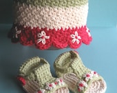 BABY DAISY Sun Hat and matching Gladiator Sandals red green sage cream watermelon crochet booties crib prop flower easter spring summer
