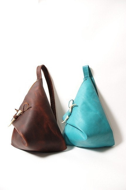 Turquoise or Brown Leather Triangle Street Bag