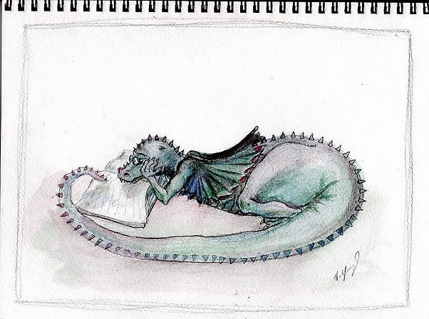 Reader Dragon original watercolor 8inch by 10inch