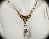Vintage Style Pearl Necklace Earrings Jewelry SET, Swarovski Crystal and Pearls Ivory or White, Antiqued Gold, Bridal, Wedding Jewelry