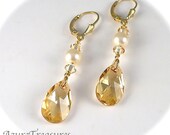 Champagne Bridal Earrings, Swarovski Teardrop Crystal & Pearls Golden Shadow Long Gold Romantic Vintage Style Wedding Jewelry